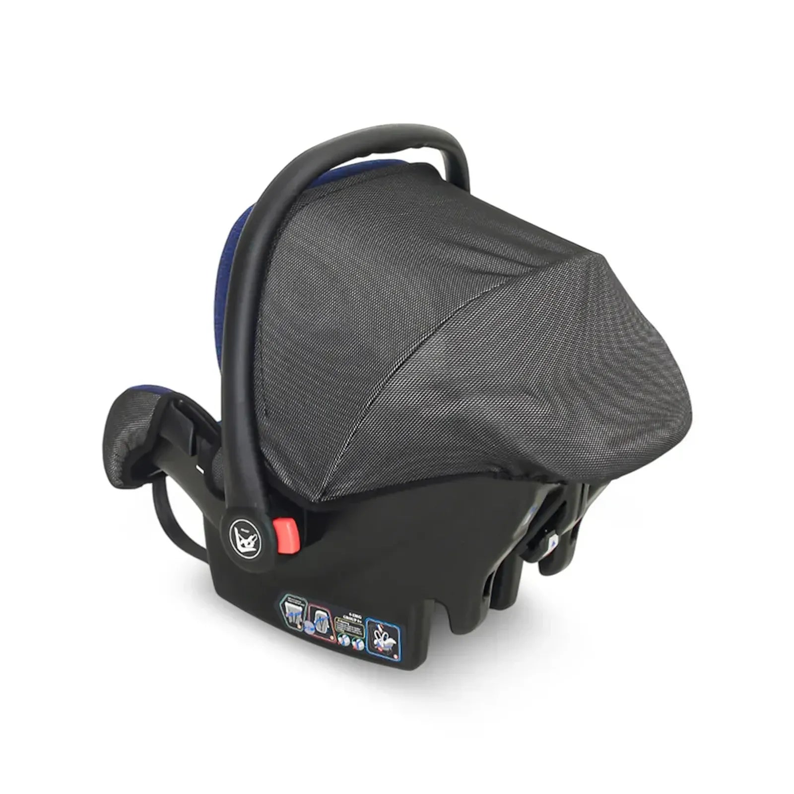 Black baby car seat with gray canopy on a white background