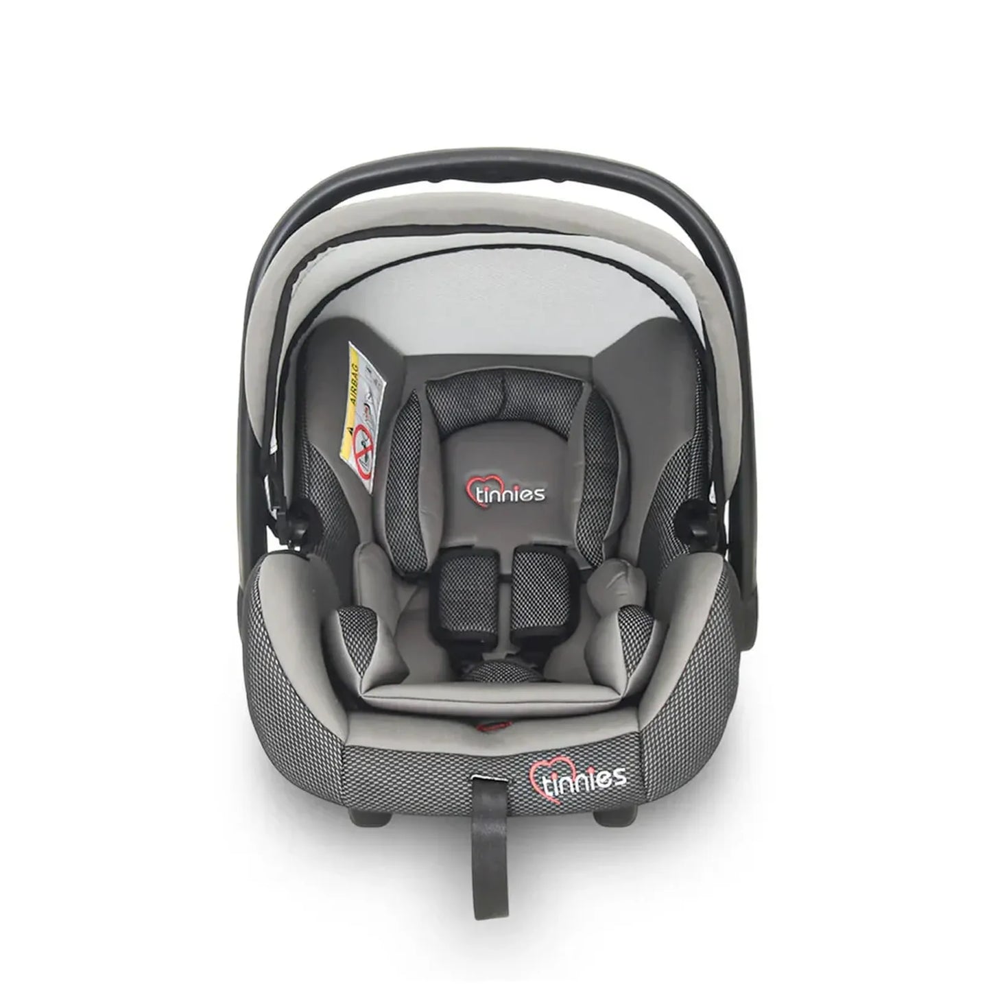 Gray baby car seat with 'tinnies' branding on a white background
