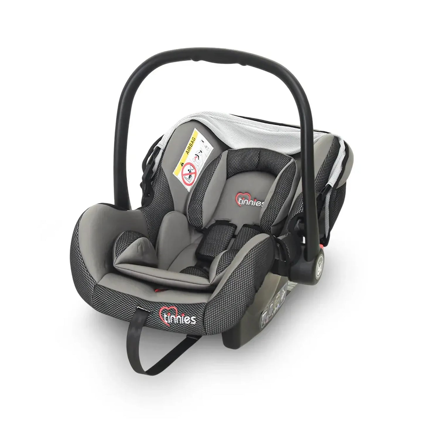 Gray and black baby car seat with 'Linnies' branding on a white background