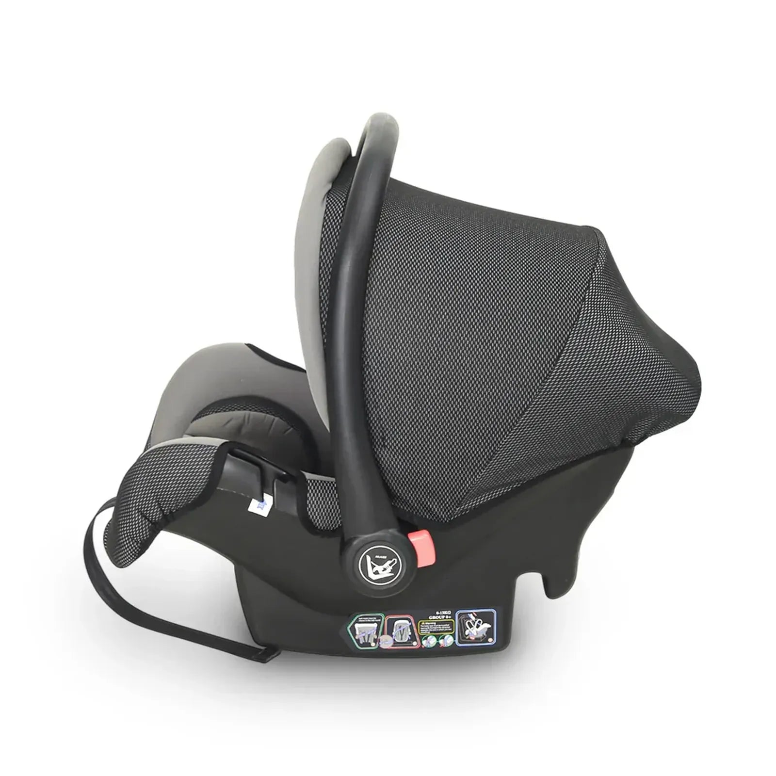 Black baby car seat on a white background