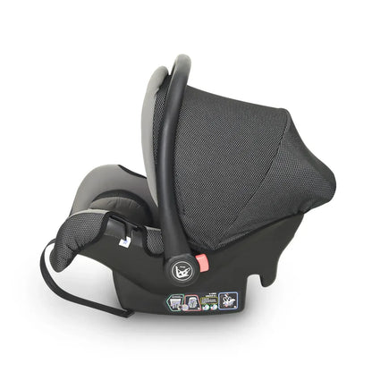 Black baby car seat on a white background