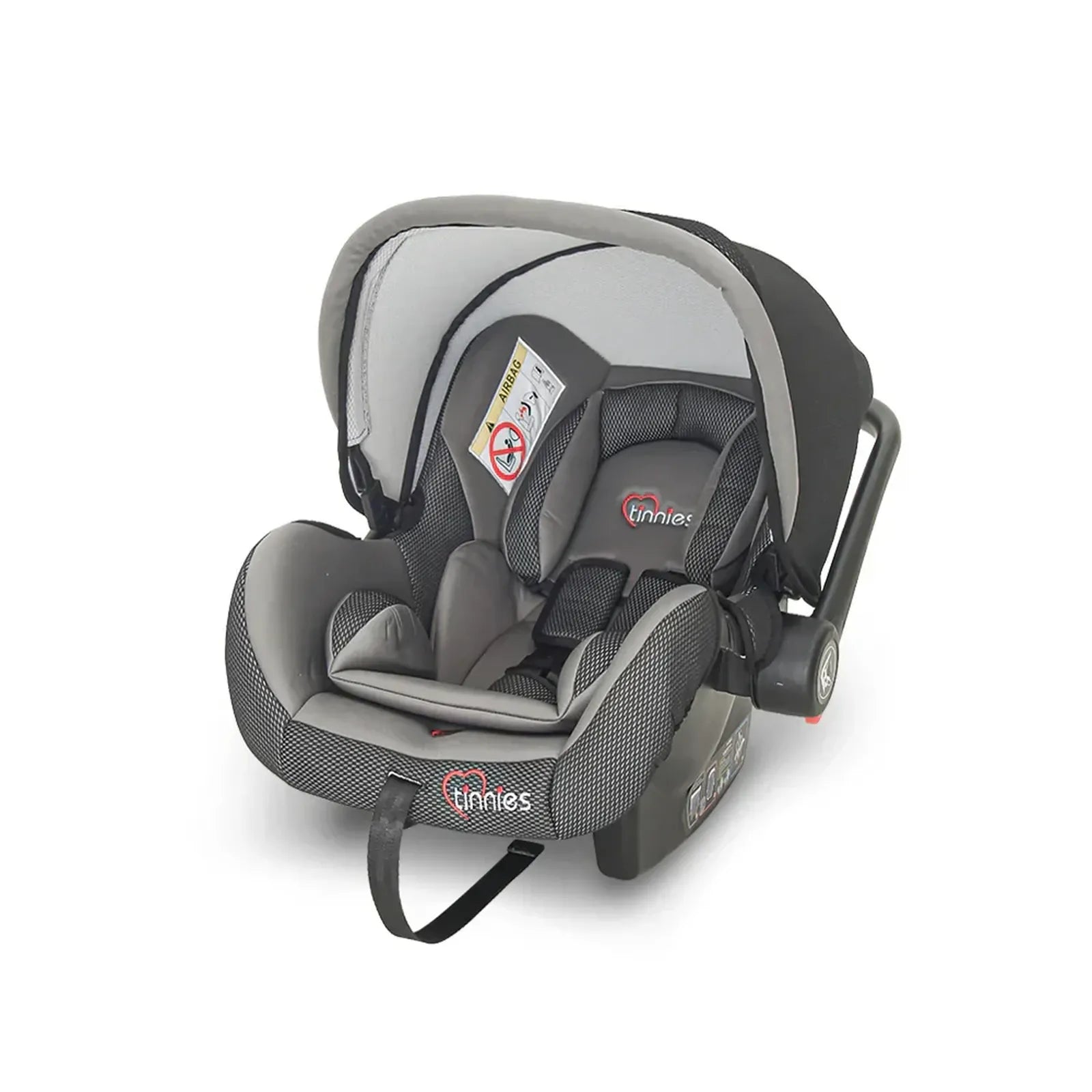 Gray baby car seat with 'inniies' branding on a white background