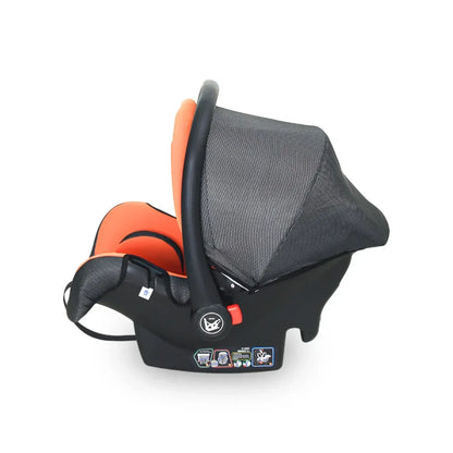 Baby car seat with gray canopy and orange interior on a white background