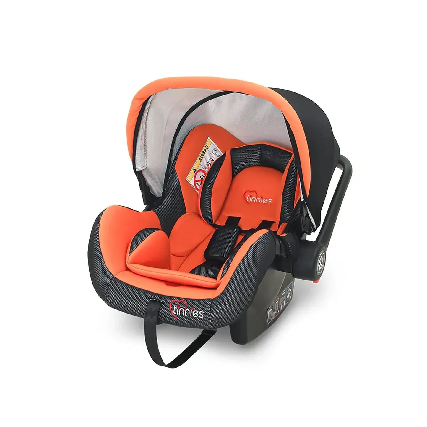 Orange and black baby car seat with 'tinnies' branding on a white background