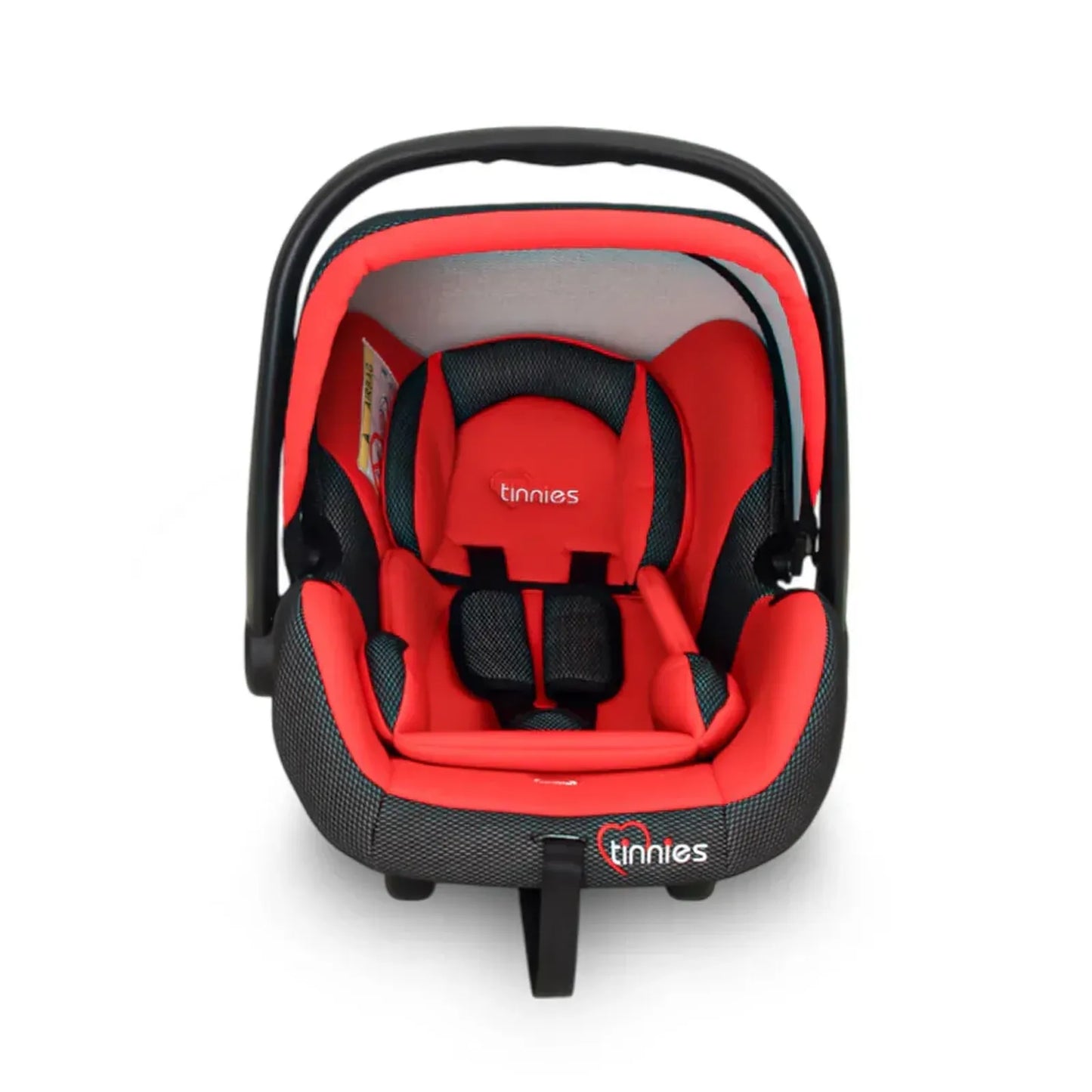 Red and black baby car seat with  branding on a white background