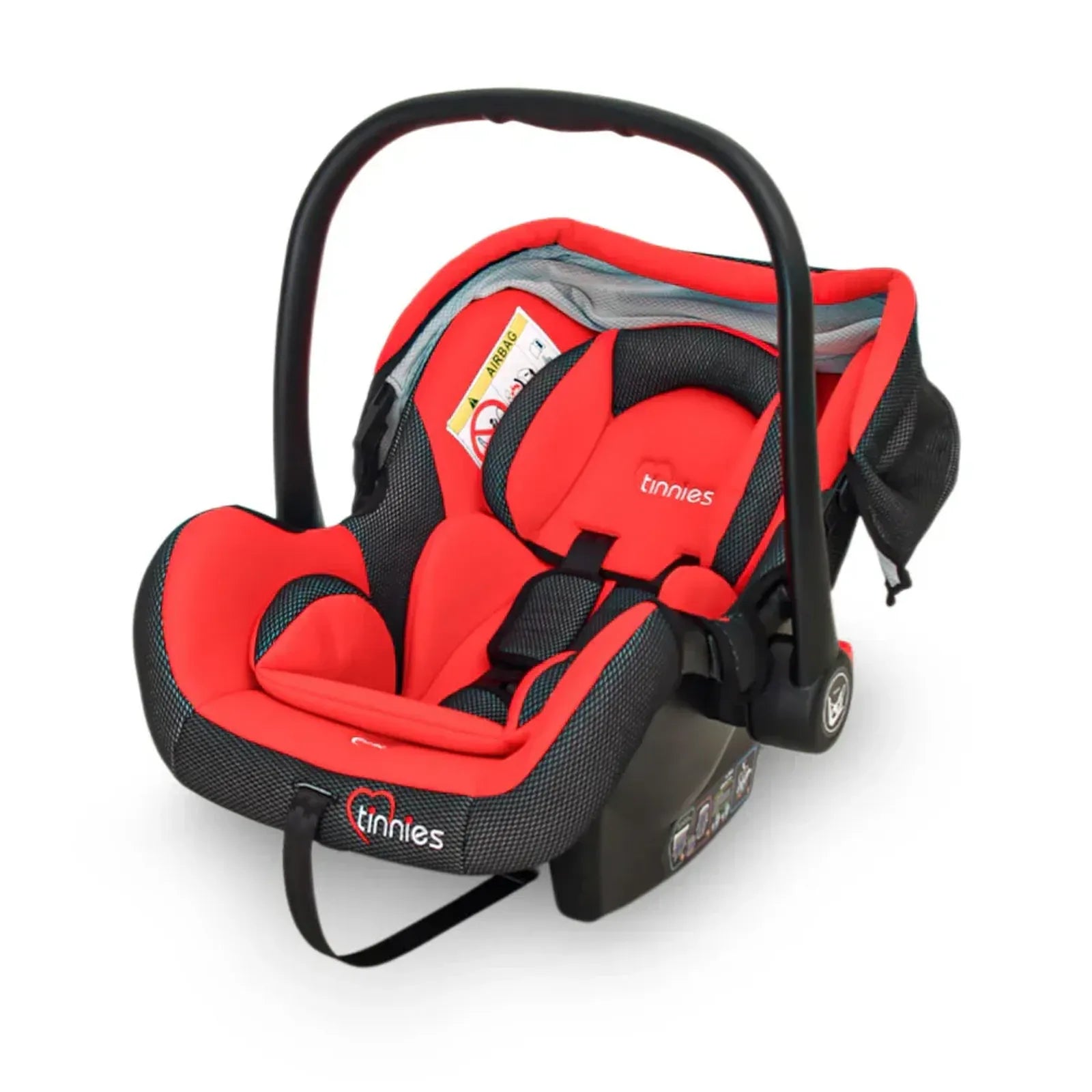 Red and black baby car seat with ' branding on a white background