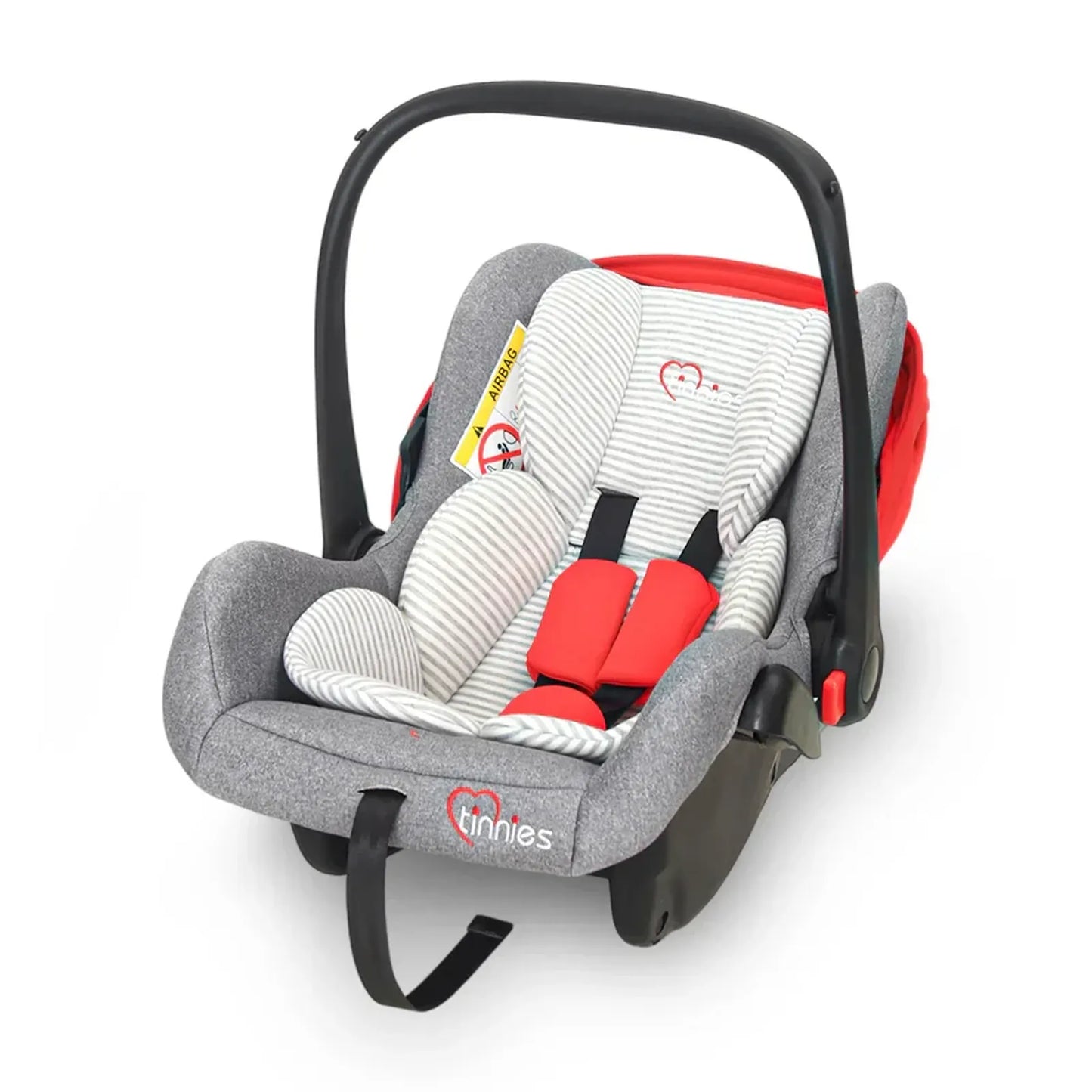 Gray and red car seat with 'tinnies' branding on a white background