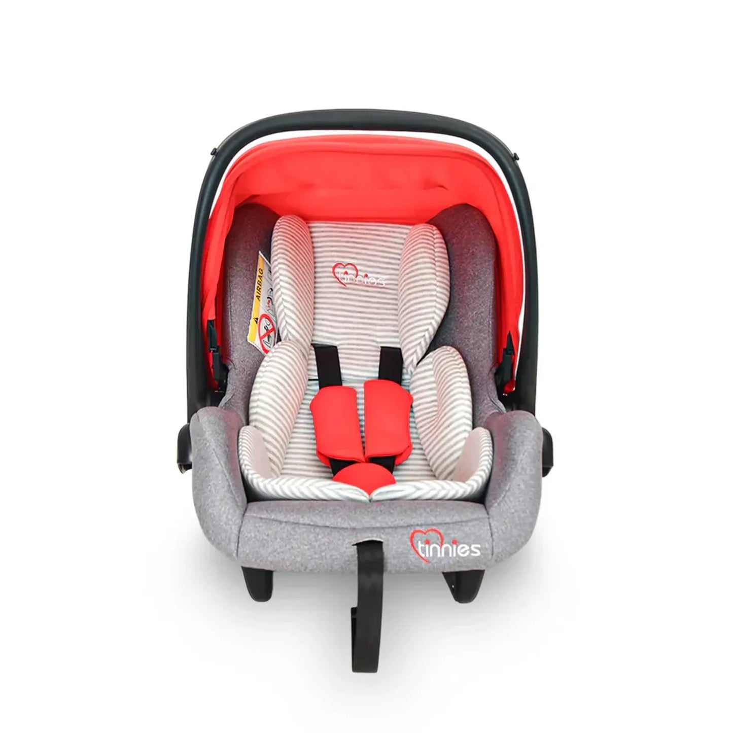 Children's car seat with red interior and gray exterior on a white background