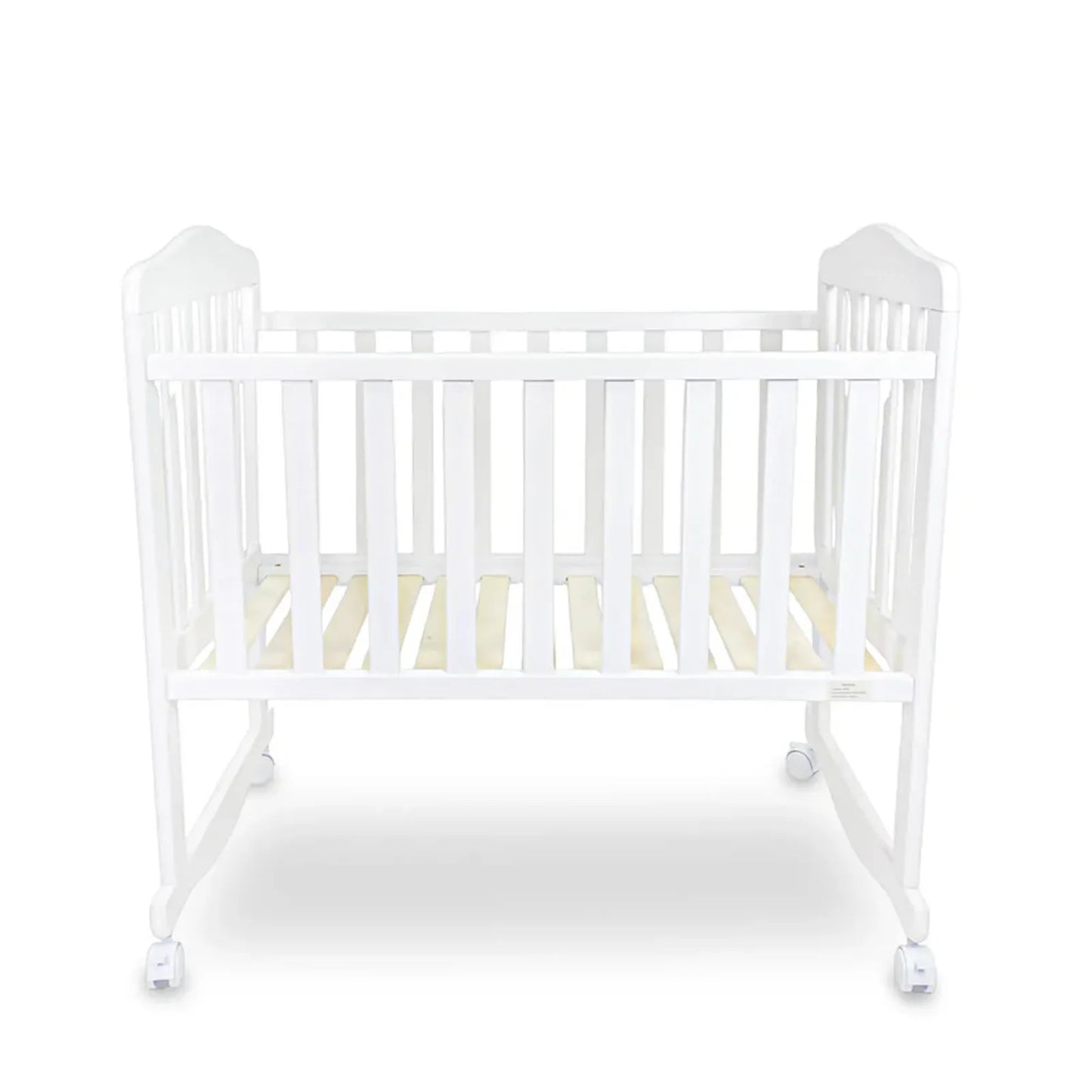 White crib with wheels on a white background