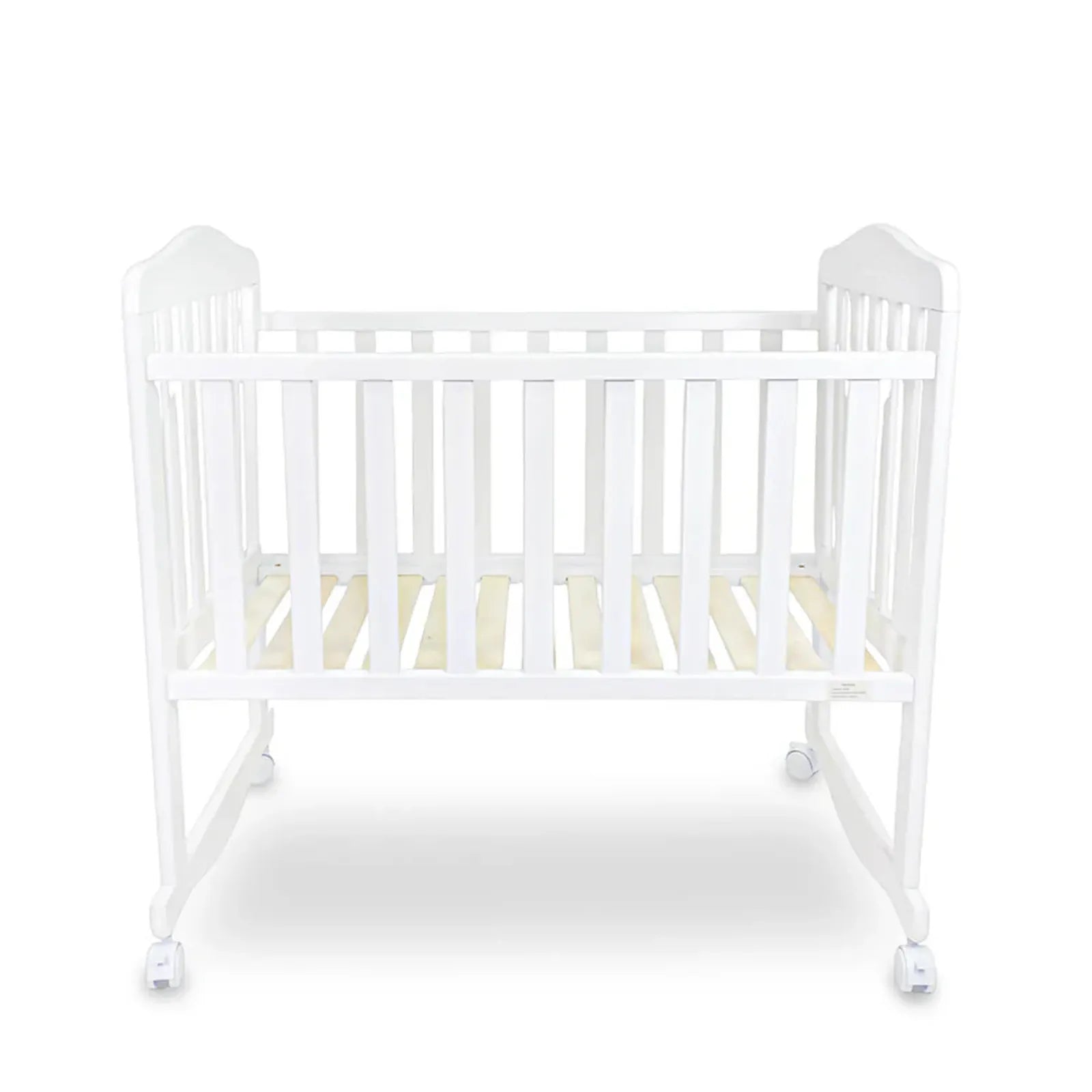 White crib with wheels on a white background
