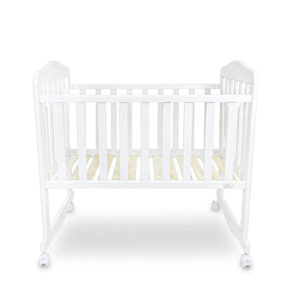White crib with wheels on a white background