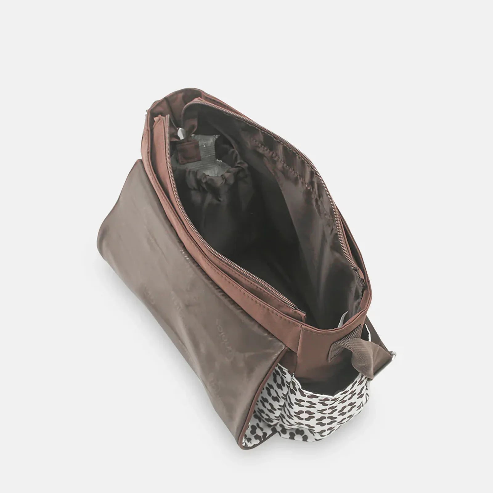 Brown leather pouch with a patterned interior on a white background