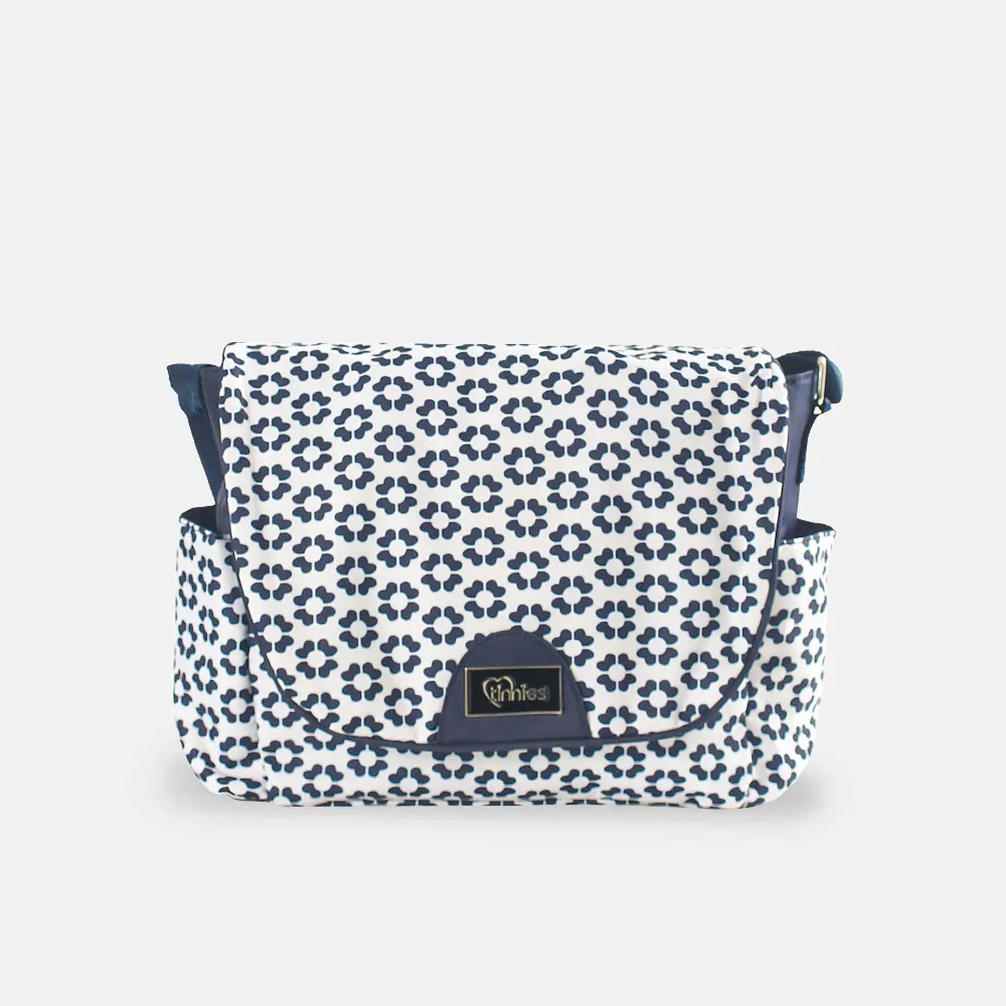 Patterned bag with a visible brand logo on a light gray background