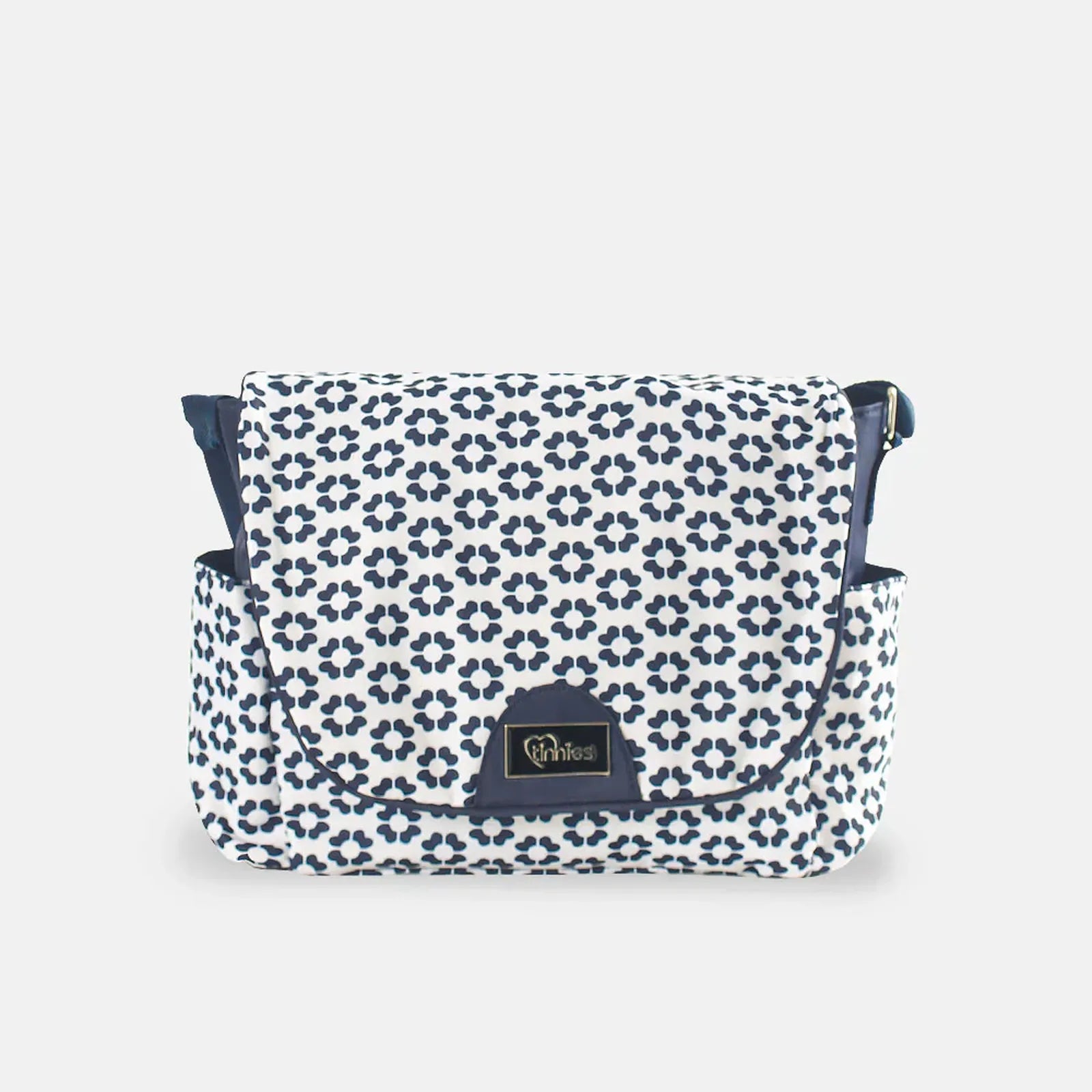 Patterned bag with a visible brand logo on a light gray background