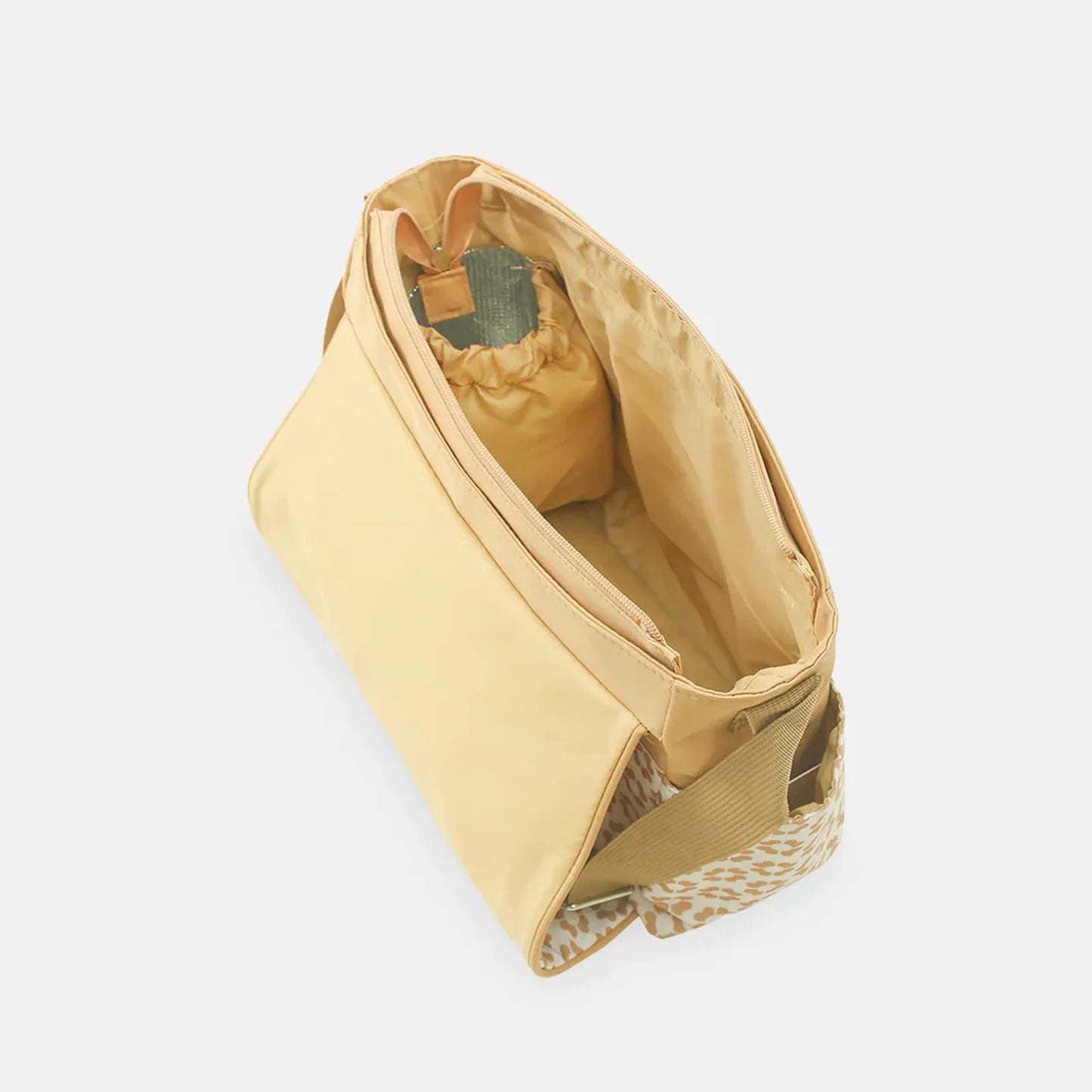 Beige pouch with a textured interior on a light gray background