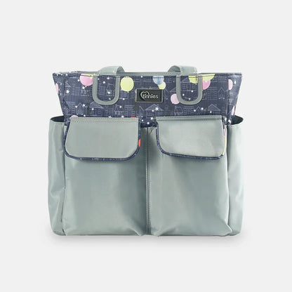 Multifunctional bag with a patterned top section and solid bottom section on a white background
