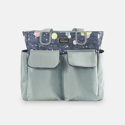 Multifunctional bag with a patterned top section and solid bottom section on a white background
