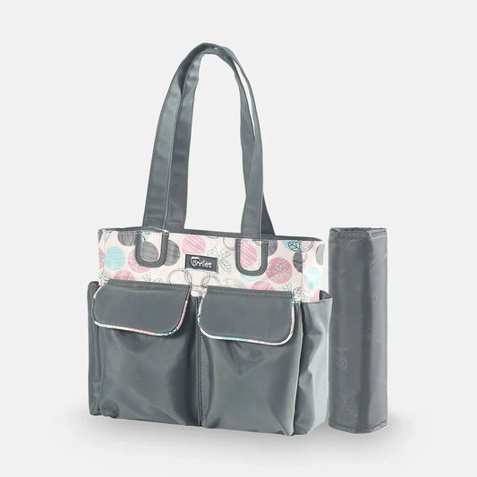Gray tote bag with floral patterned flap and matching pouch on a white background