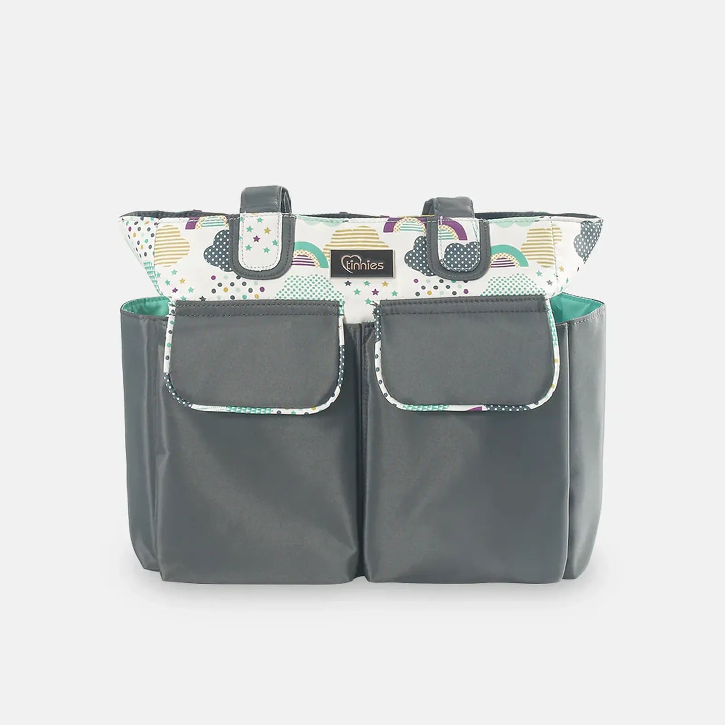 Gray double diaper bag with colorful top section on a white background