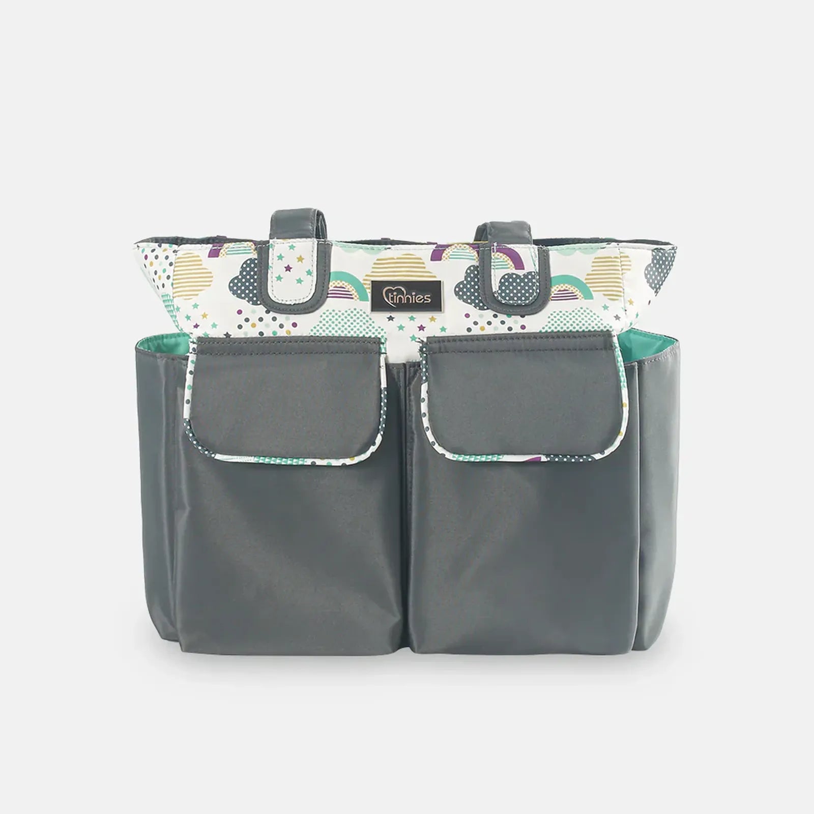 Gray double diaper bag with colorful top section on a white background