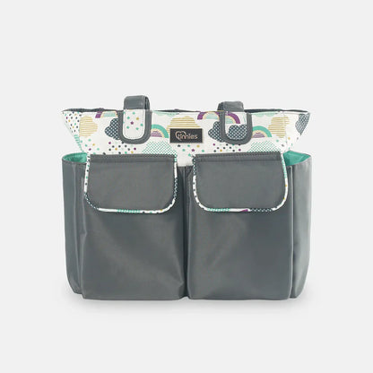 Gray double diaper bag with colorful top section on a white background