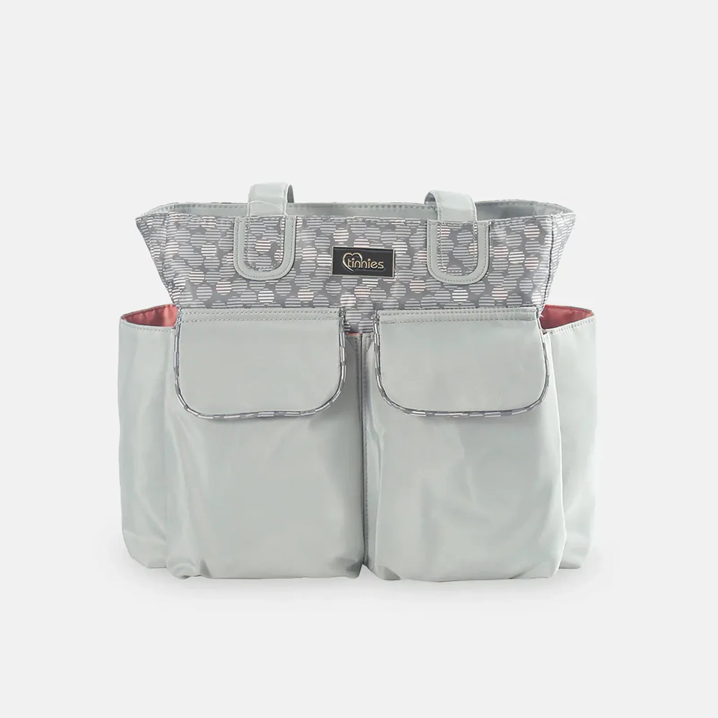 Gray diaper bag with a patterned top section on a white background