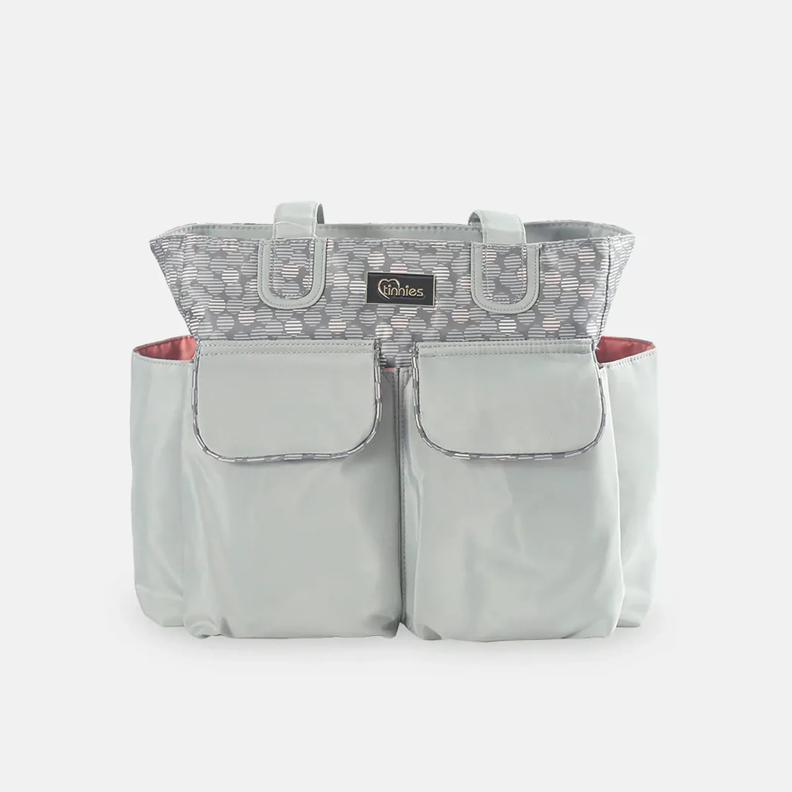 Gray diaper bag with a patterned top section on a white background