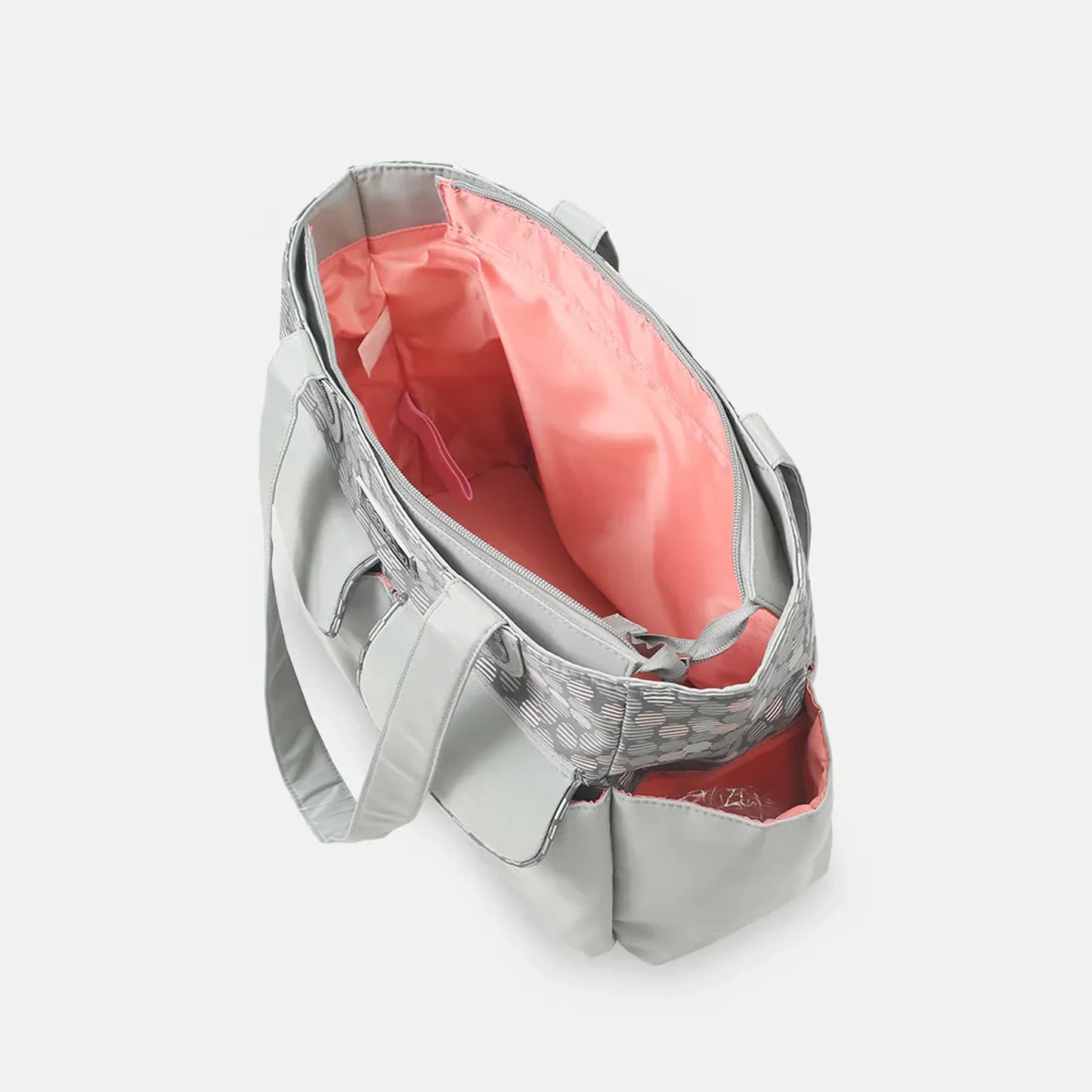 Gray tote bag with pink interior on a white background