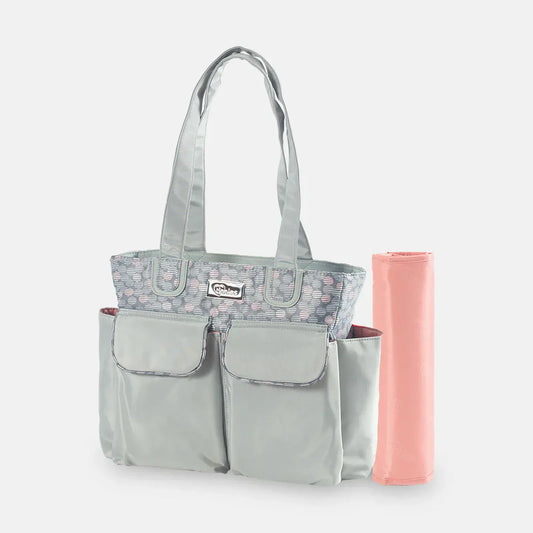 Gray tote bag with floral patterned pocket and pink rolled-up mat on a white background