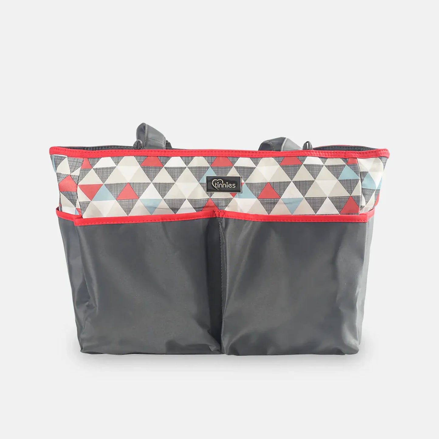 Gray tote bag with geometric patterned top section on a white background