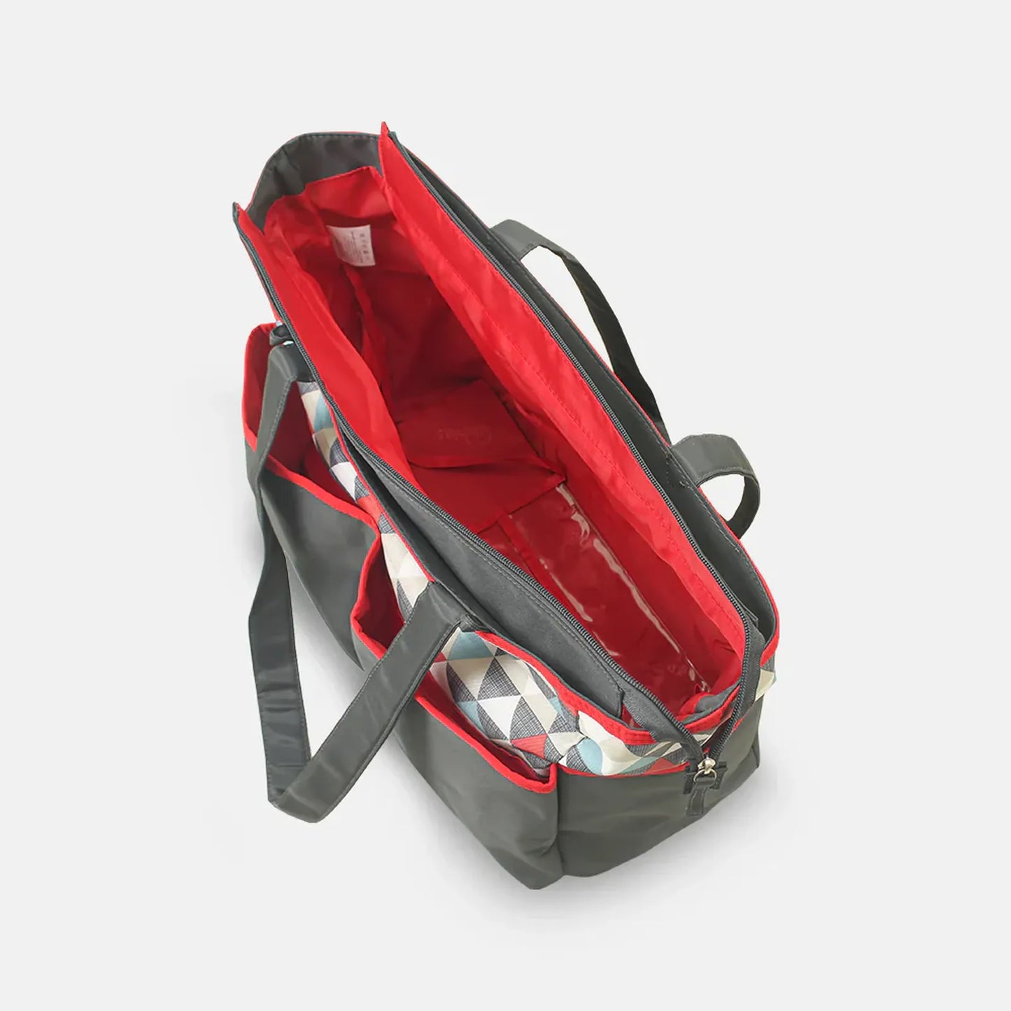 Gray and red bag with a clear compartment on a white background