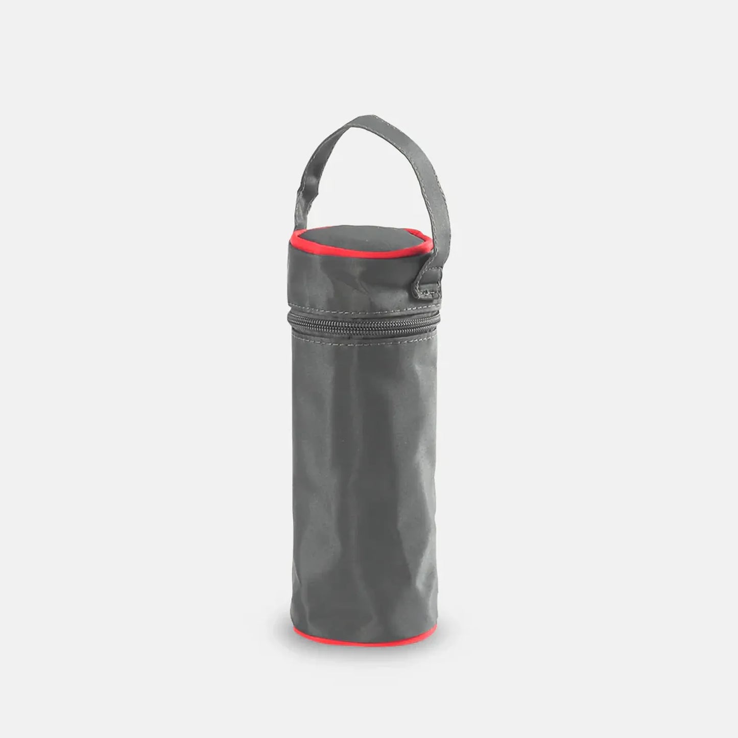Gray insulated bottle bag with a red rim on a white background