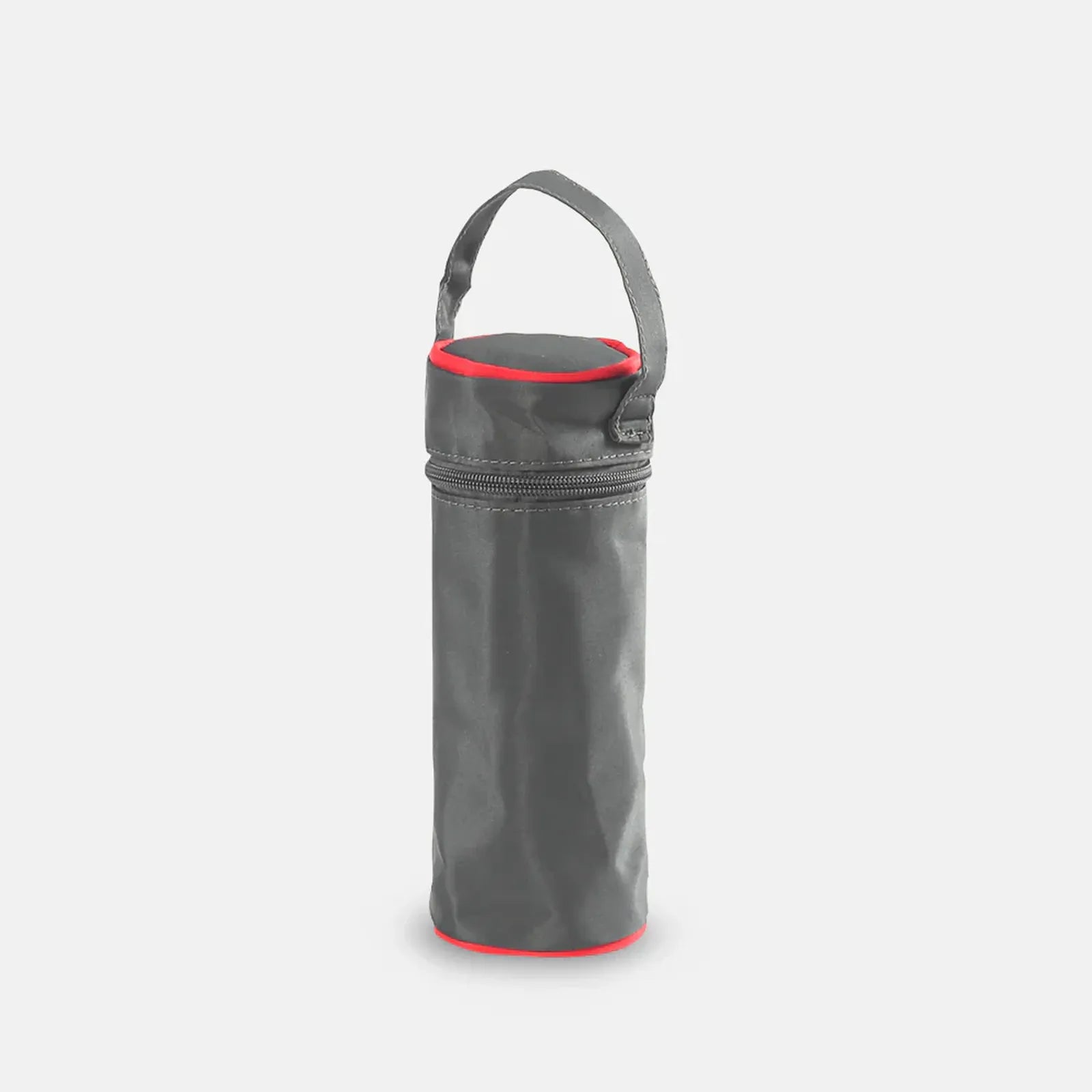 Gray insulated bottle bag with a red rim on a white background