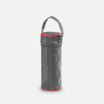 Gray insulated bottle bag with a red rim on a white background