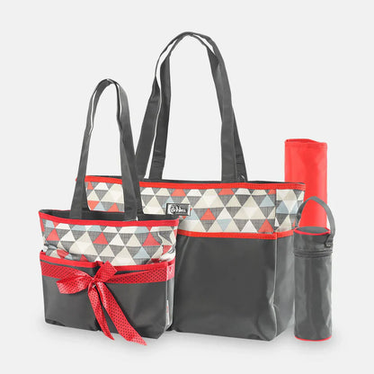 Set of bags with geometric pattern and red accents on a white background