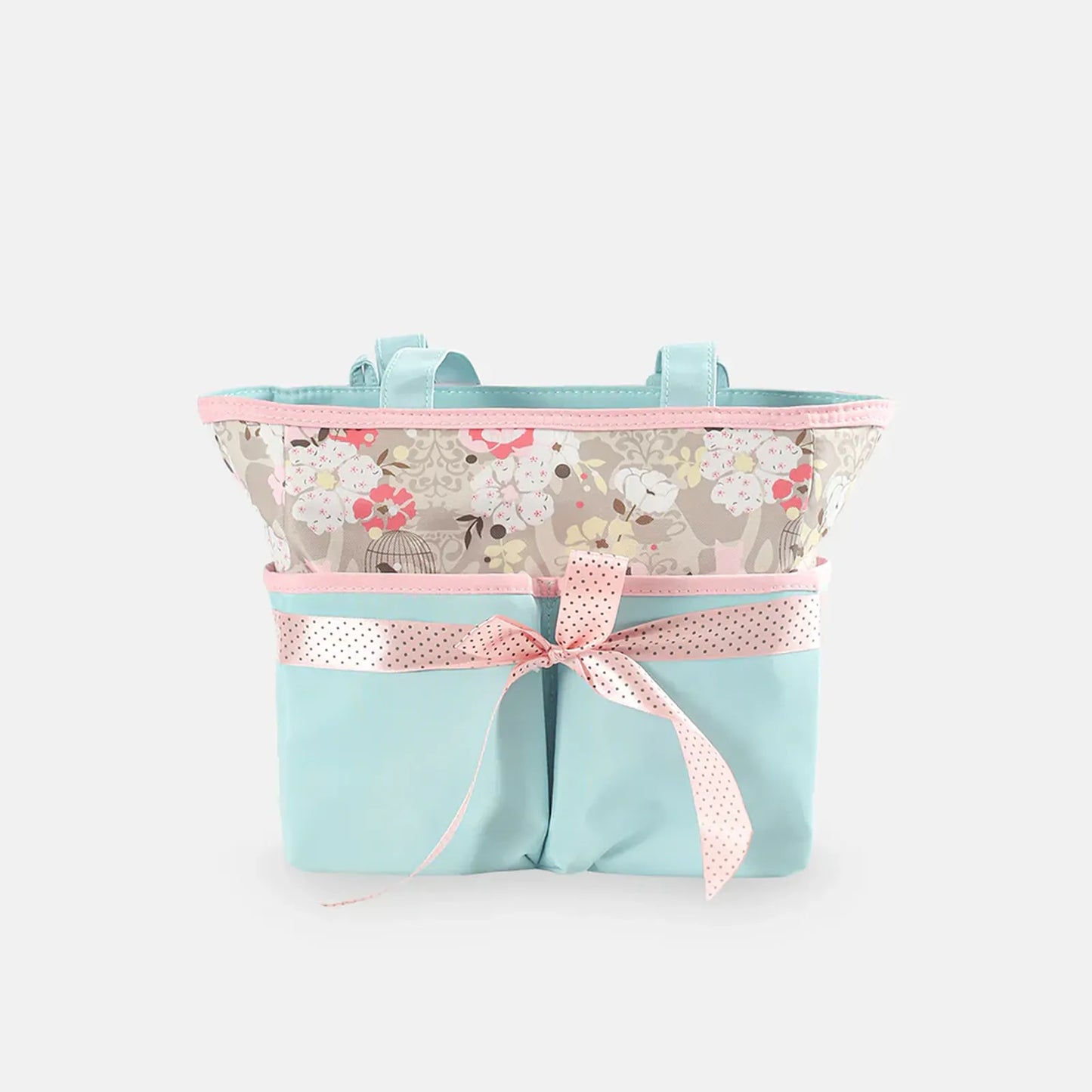 Floral-patterned bag with a light blue exterior and pink ribbon on a white background