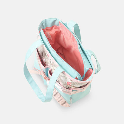 Light blue and pink bag with floral pattern on a white background