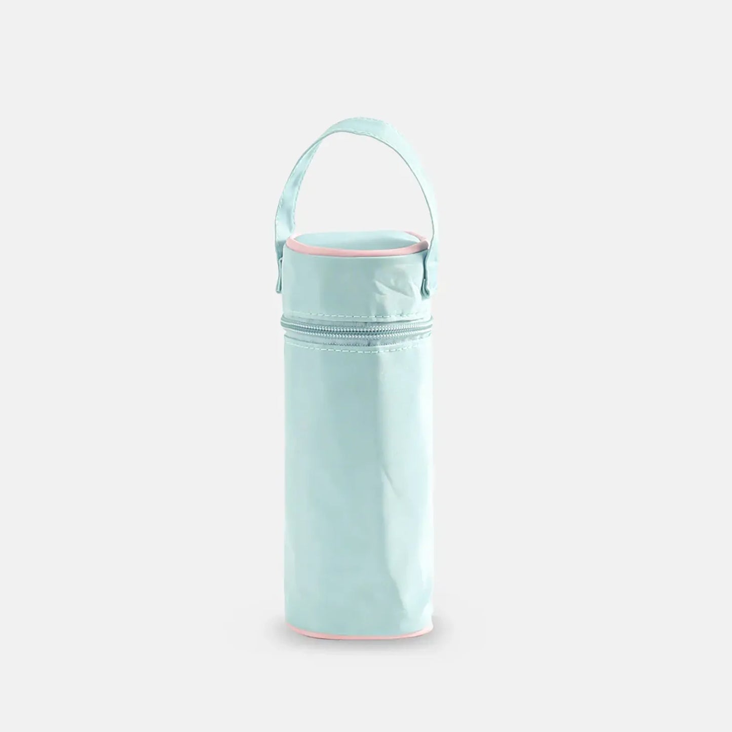 Light blue insulated bottle bag with handle on a white background