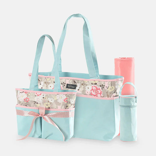 Floral-patterned tote bag with matching water bottle and sippy cup on a white background