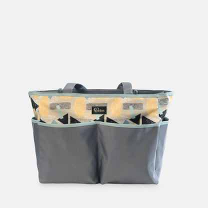 Gray bag with a patterned interior on a white background