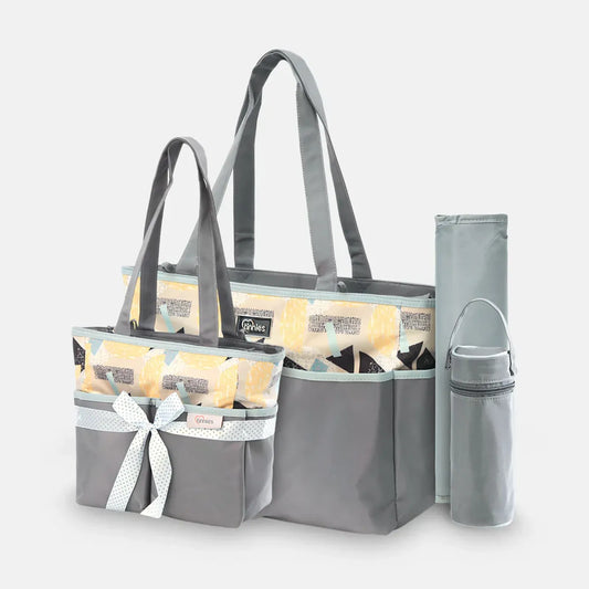 Gray tote bag with organizer panels and a water bottle holder on a light gray background