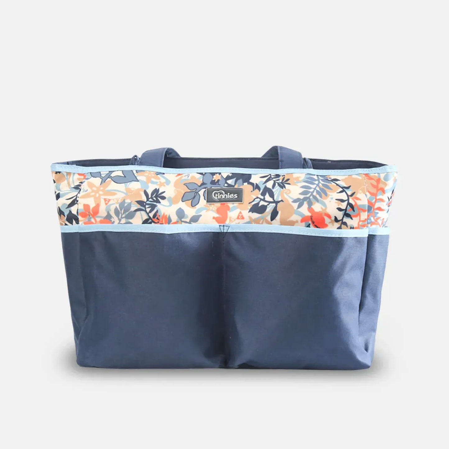 Navy tote bag with floral pattern on a white background