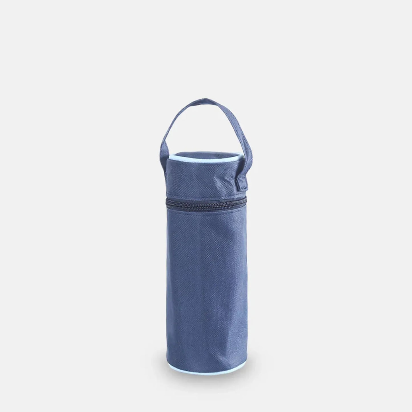 Blue insulated bottle bag on a light gray background