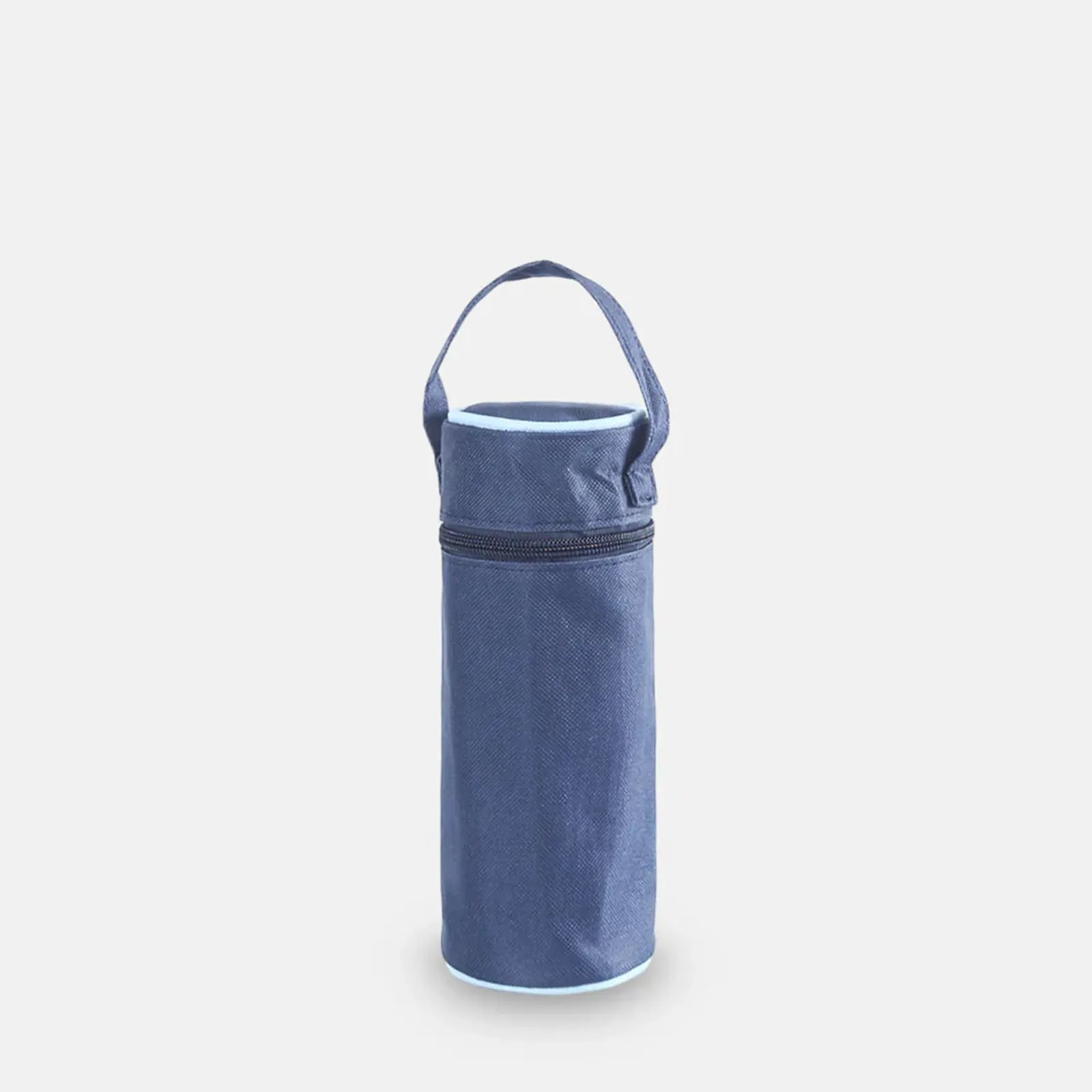 Blue insulated bottle bag on a light gray background