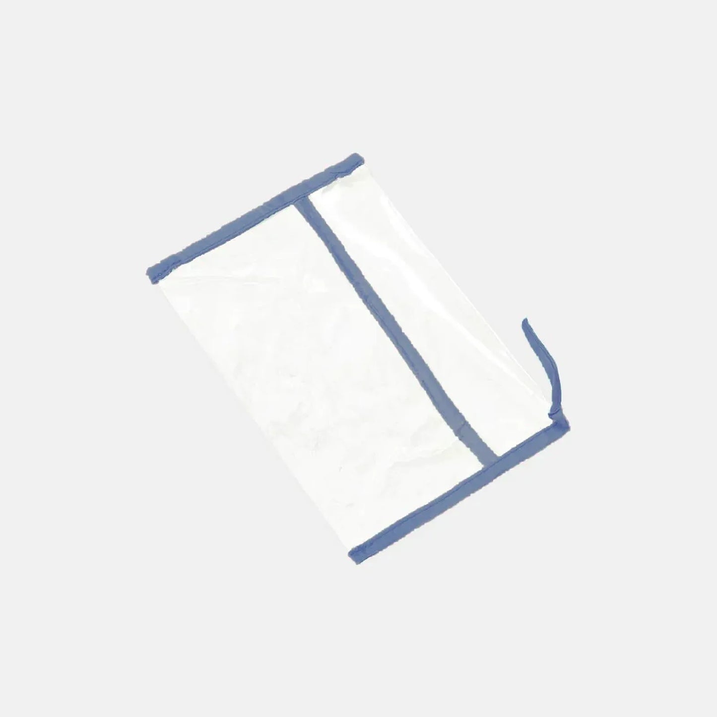 White pillow with blue trim on a light gray background