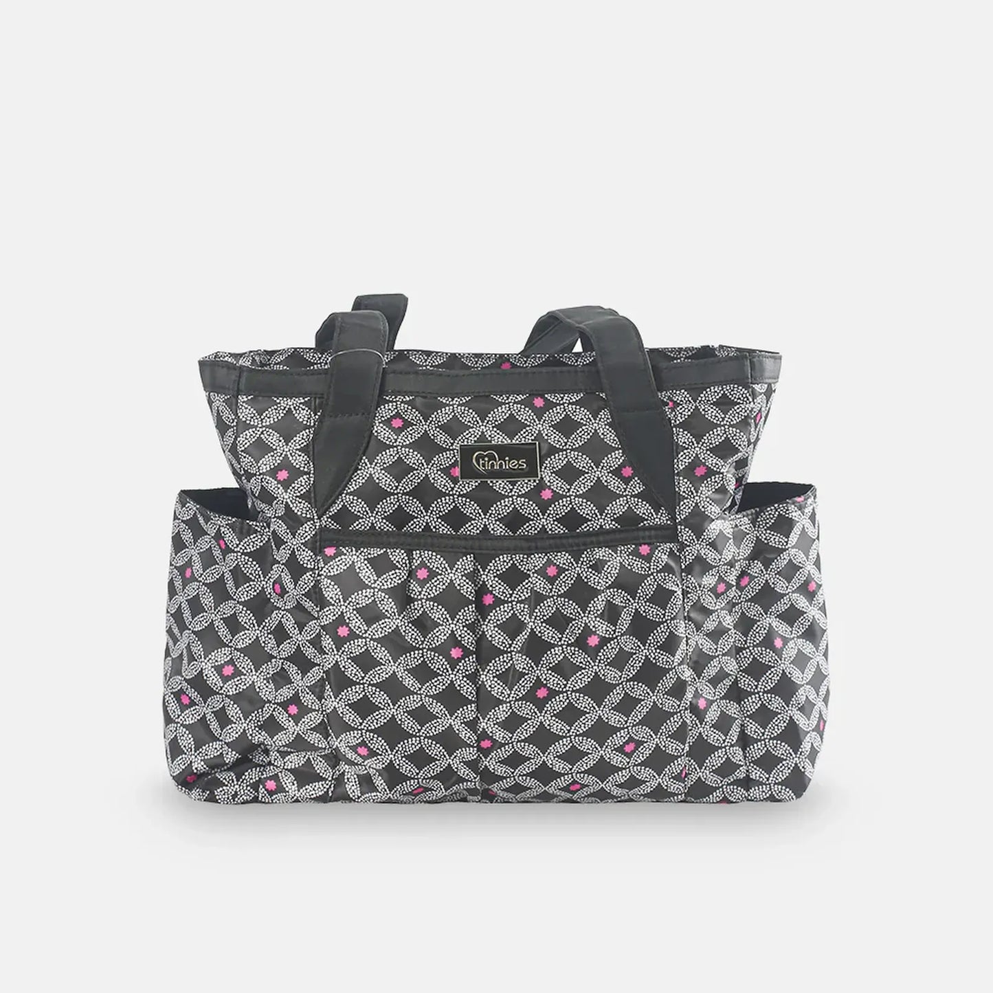 Patterned tote bag with a visible brand logo on a white background