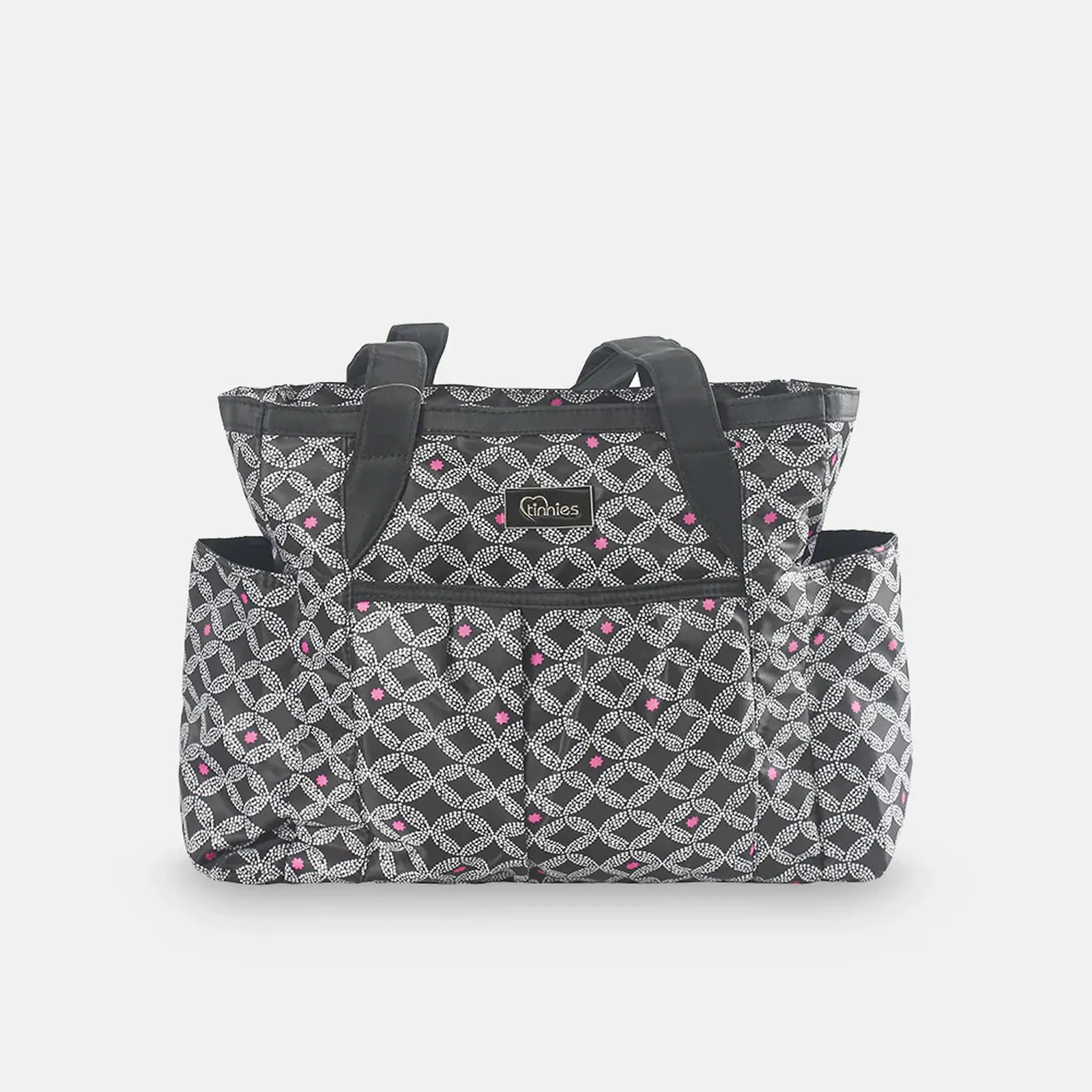 Patterned tote bag with a visible brand logo on a white background