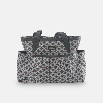 Patterned tote bag with a visible brand logo on a white background
