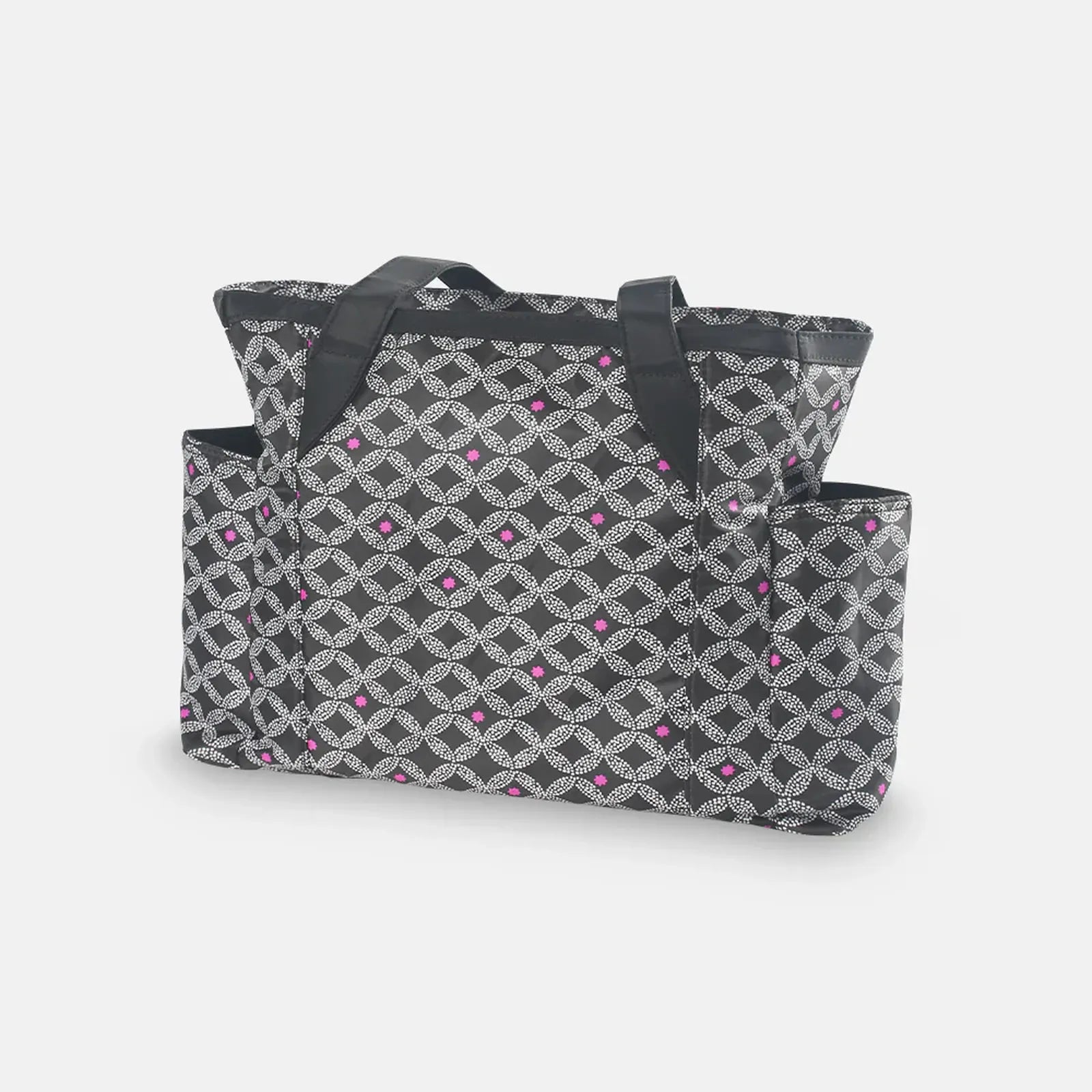 Two patterned tote bags on a light gray background