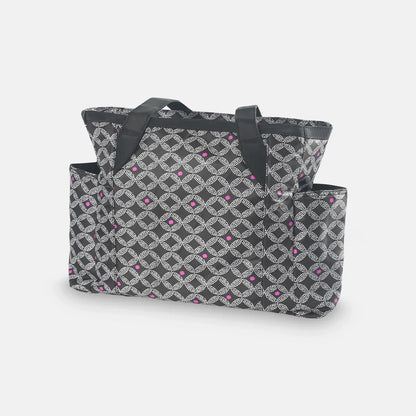 Two patterned tote bags on a light gray background